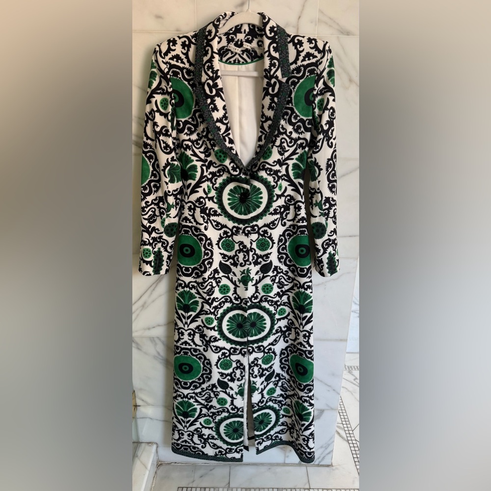 Elegant Black and Green Patterned Maxi Coat